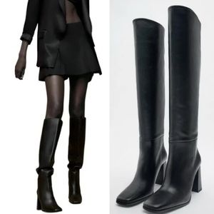 Zara Knee High Block Heeled Leather Boots